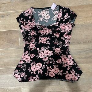 American City Wear Black and Pink Floral Blouse